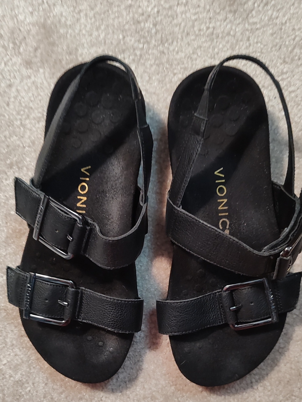 Vionic Black Leather Double-Buckle Slingback Sandals